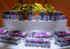 在佳沃鑫荣懋展柜，展示新鲜的蓝莓和香蕉。/ Fresh blueberries and bananas on display under the Joy Wing Mau Joyvio brand.